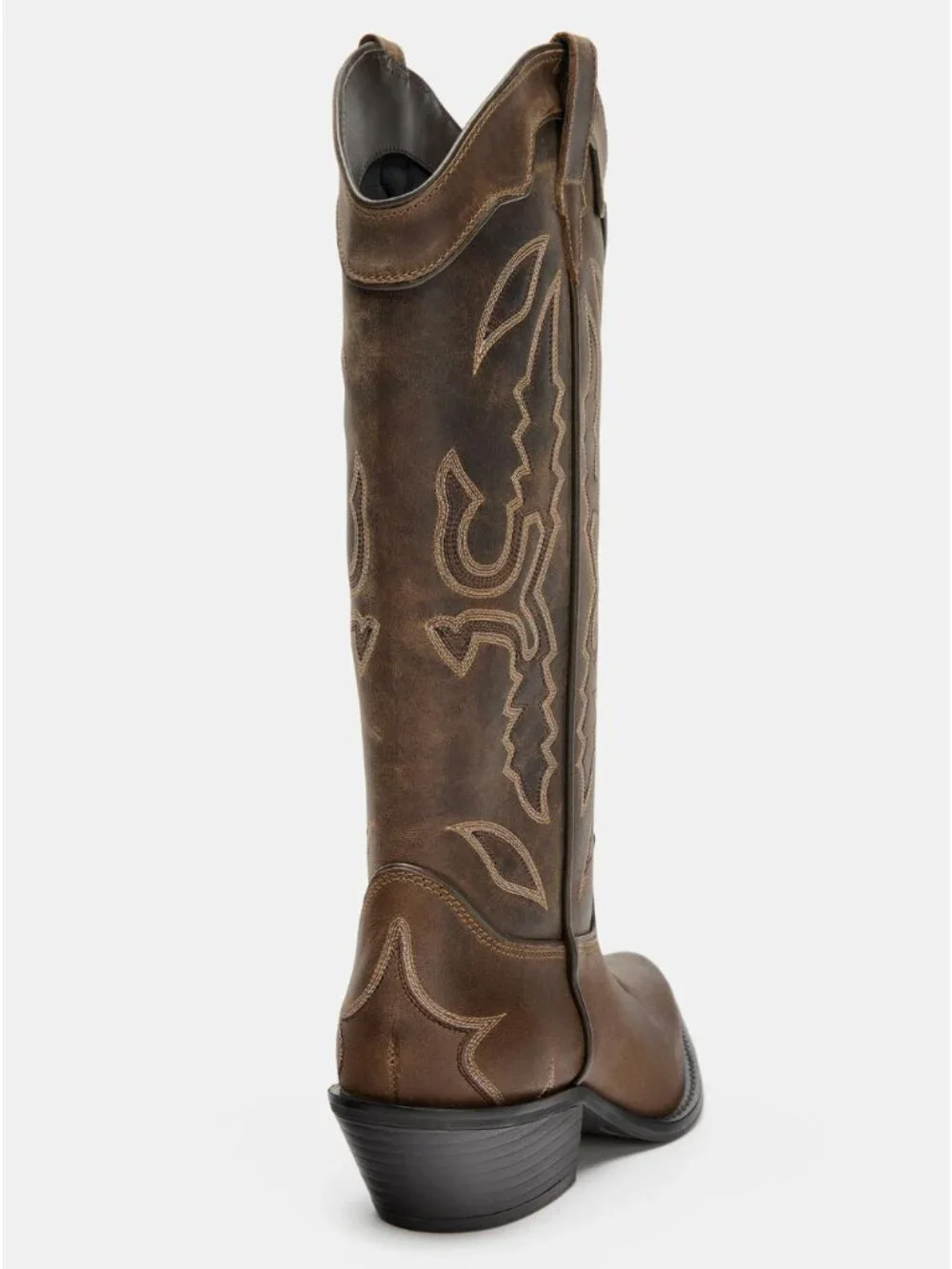 ZARA Tall Leather Cowboy Boots | Distressed Brown | Embroidered | NWT | Size